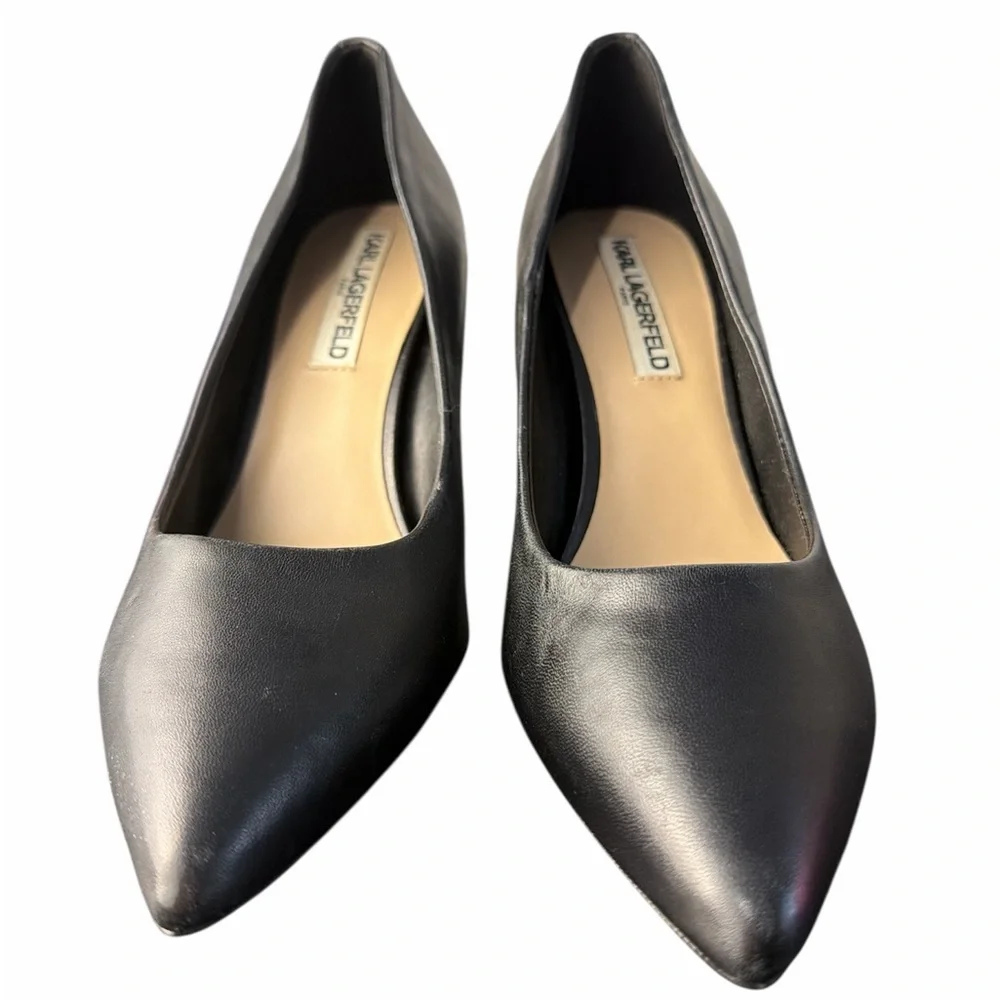Karl Lagerfeld Paris Royale Size 7.5 Black Leather Pump Stiletto Heels